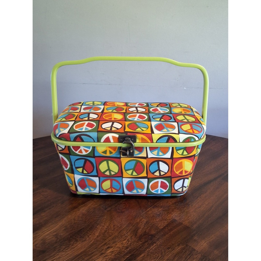 Vintage Style Peace Sign Sewing Basket Organizer Box with Removable Tray Multi